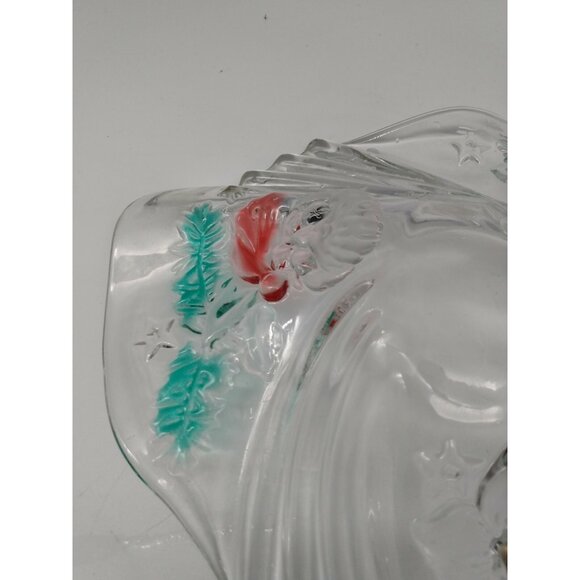Clear Glass Christmas Candy Bowl/Platter with etched Santa & Florals 9" Diameter - Picture 6 of 11